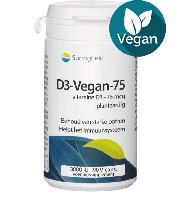 Springfield D3-Vegan-75 vitamine D3 75 mcg (90 Vegetarische capsules)