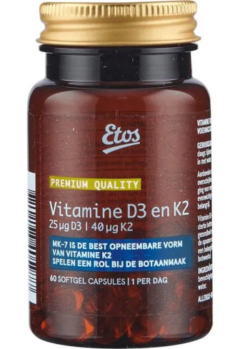 Etos Premium Vitamine D3 en K2 bevat 25ug D3 en 40ug K2 60 stuks