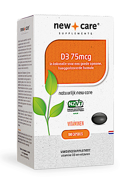 New Care D3 75mcg in kokosolie voor een goede opname, hooggedoseerde formule Inhoud  100 capsules